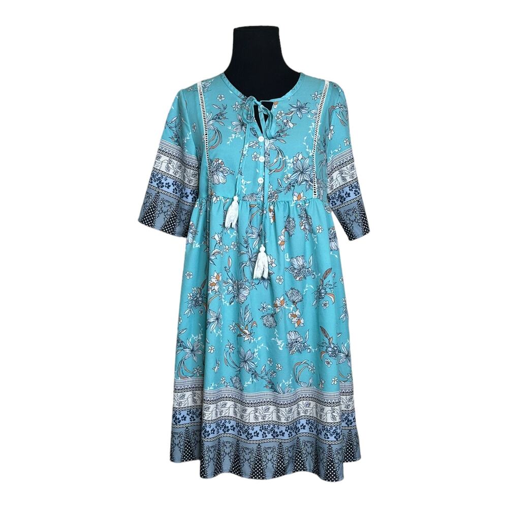 Blue short sleeves floral boho mini skirt size Small